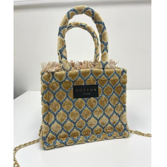 Sorena Handbags - Sorena Greece Handmade Athena Velvet Mini Tote Bag Tassel Trim Crossbody Chain